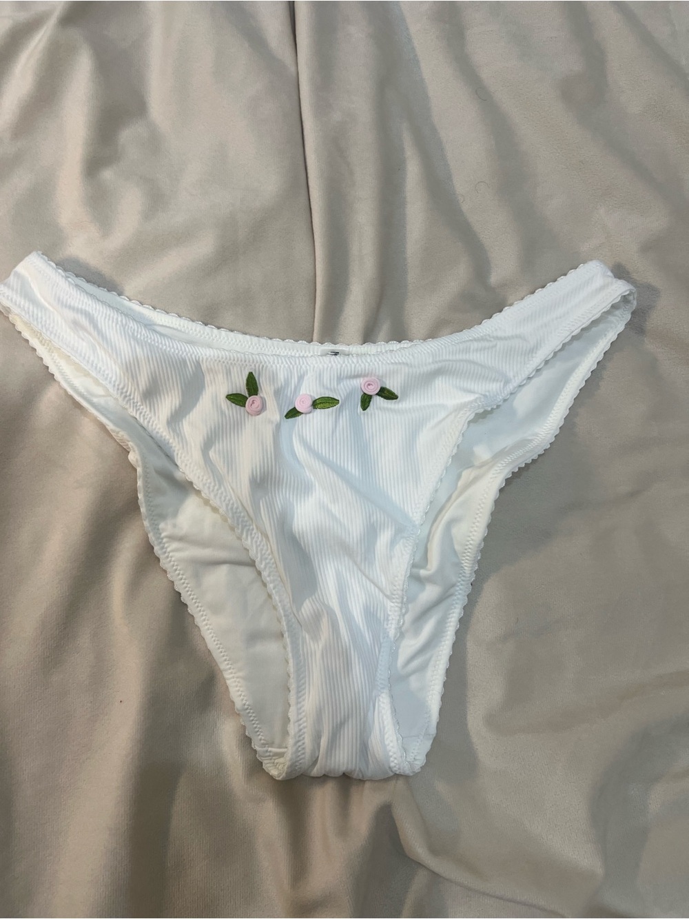 Frankie's Bikinis White Ribbed Bikini Bottom with Pink Floral Details